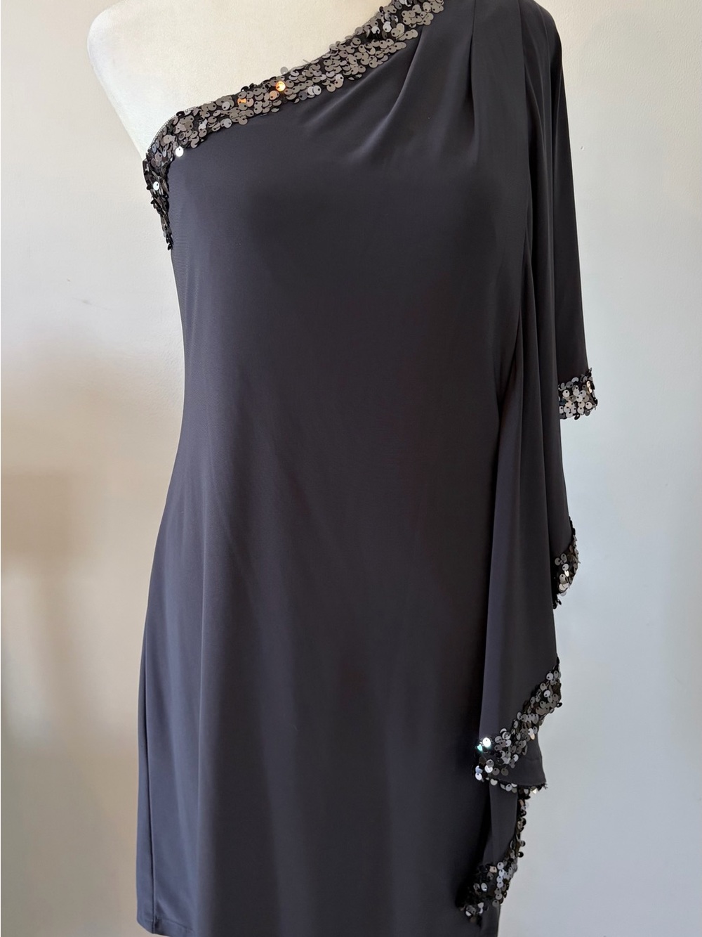 Betsy & Adam One-Shoulder Charcoal Dress with Sequin Trim